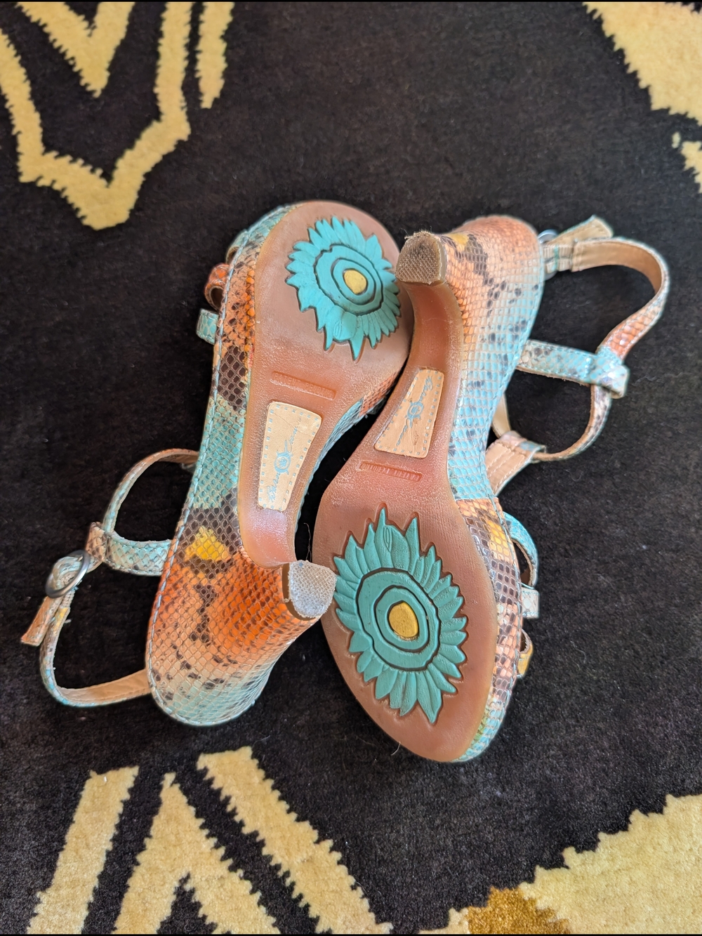 Born Turquoise Orange Snakeskin T-Strap Block Heel Sandals - Picture 4 of 6